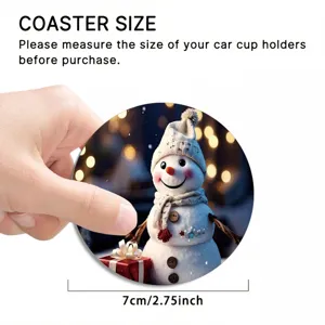 Christmas snowman car coaster detail view, showing 7cm diameter and cute holiday design.