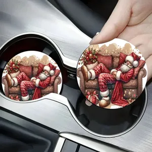Christmas car coasters round silicone cup holder mats festive decor absorbent anti-slip 2pcs