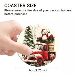 Round Christmas car coaster with red truck and snowman design, 7cm 2.75inch size for cup holder.