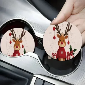 Christmas car coaster round absorbent ceramic cork cup mat cute reindeer holiday decor