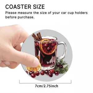 Christmas car coaster with mulled wine illustration, 7cm diameter round drink cup mat for auto.