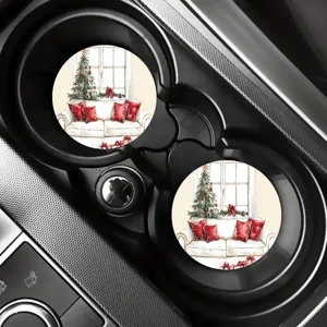 Set di 2 Sottobicchieri per Auto di Natale, porta tazza rotondi assorbenti per interni.
