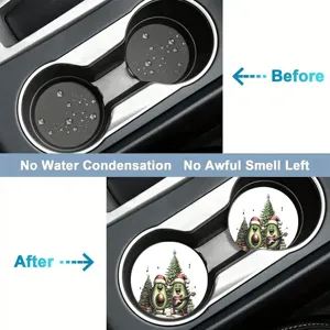 Absorbent car cup holder coaster featuring cute Christmas avocado design for auto decor.