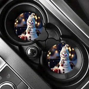 Christmas snowman car coasters set, non-slip cup holder insert mats for vehicle interior decor
