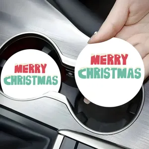 Christmas car cup coaster detail view, rubber non-slip cup holder insert with holiday print.