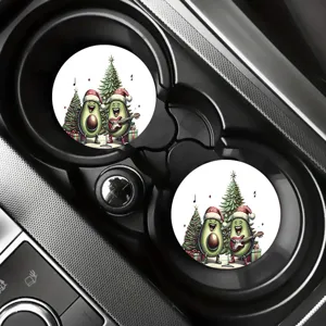 Silicone car coaster set with cute Christmas avocado design, non-slip cup holder mats.
