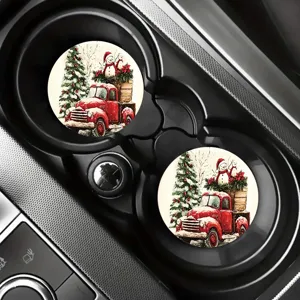 Close-up detail of Christmas absorbent car coasters featuring red truck and snowman design.