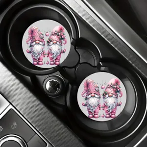 Dettaglio sottobicchieri auto gnomi natalizi rosa, simpatici porta tasse per le feste