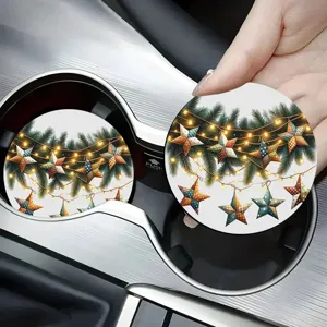 Car cup coasters set, non-slip absorbent silicone coaster with vintage star and pine print.