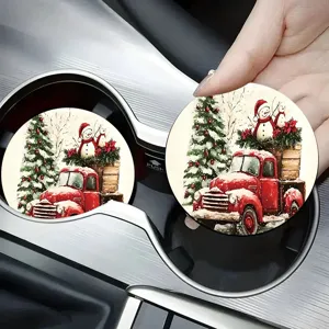 Christmas car cup coaster with watercolor vintage truck and snowman design for auto interior decor.
