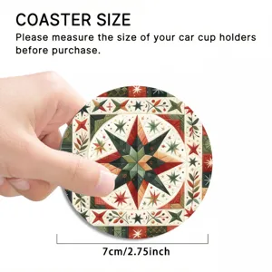 Car coaster with retro geometric star quilt pattern, 7cm diameter vehicle cup holder insert.