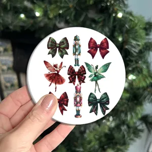 Christmas round coaster detail close-up showcasing festive nutcracker and ballerina patterns.