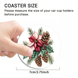 Kerst auto onderzetter rond antislip bekerhouder mat feestelijk bloemmotief 7cm