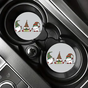 Christmas gnomes car coasters detail view, set of two absorbent round cup holder inserts.