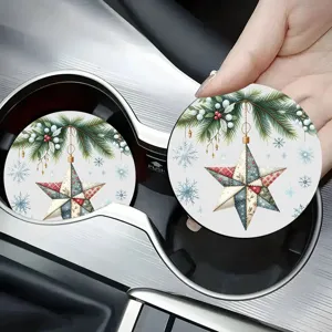 Auto bekerhouder onderzetter detail met feestelijke patchwork ster en winterontwerp.