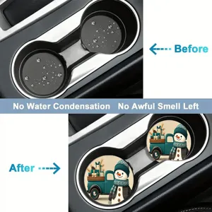 Car cup holder coasters, Christmas snowman truck absorbent ceramic coaster set of two.