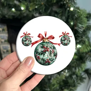 Christmas tree decoration coaster with vintage watercolor bauble design for festive holiday tables.