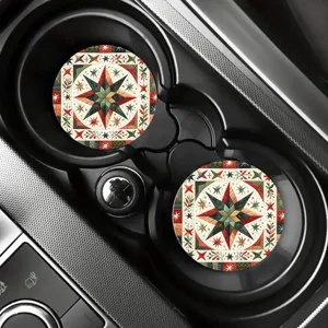 Car cup coasters set of 2, vintage star geometric pattern, non-slip silicone auto drink coasters.