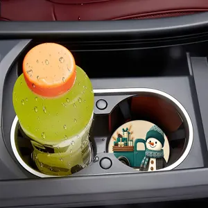 Christmas round car cup coaster with cute snowman and green truck festive holiday table mat