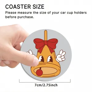 Round silicone car coaster featuring cute retro cartoon bell print, 7cm diameter size.