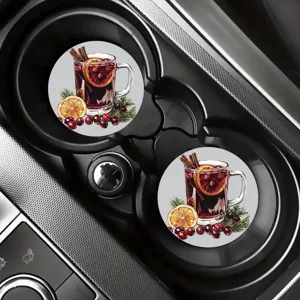Absorbent ceramic car coasters with cute winter mulled wine illustration for cup holder decor.