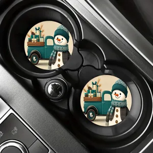 Christmas car cup coasters round absorbent ceramic mat auto cup holder holiday decor 2pcs