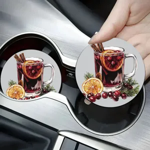 Car cup coaster detail view, absorbent ceramic car coaster with winter holiday design style.
