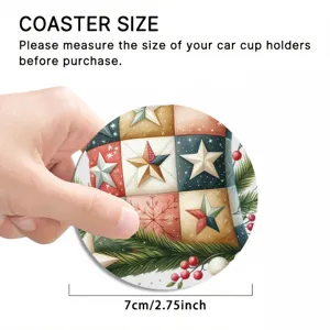 Christmas patchwork star coaster detail view showing 7cm round car cup holder pad design.