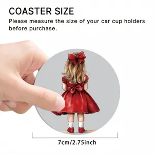 Car coaster round cup holder mat 7cm red dress little girl illustration waterproof