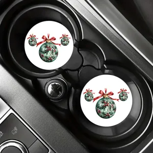 Christmas car coasters set of 2, vintage green ornament retro holiday cup holder mat.