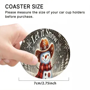 Christmas car coaster featuring a cute snowman design, 7cm diameter size, absorbent.