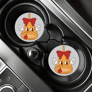 Cute cartoon bell car cup coaster, non-slip soft rubber auto insert drink mat accessory.