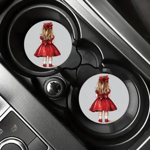 Car cup coasters set in vehicle holder, cute red dress girl illustration, absorbent slip mat.