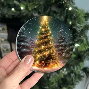 Christmas tree pattern ceramic coaster detail view, festive table decoration for holiday party.