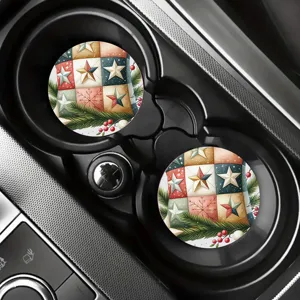 Christmas patchwork star pattern car cup coasters, non-slip absorbent silicone interior mats.