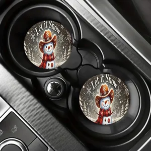 Round Christmas snowman car cup coasters set, winter cowboy hat design, absorbent drink mat.