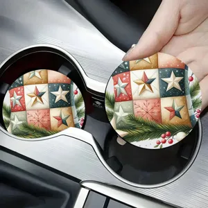 Close-up detail shot of Christmas patchwork star pattern car cup holder coaster in vehicle.