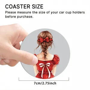 Car coaster absorbent ceramic round cup mat with cute red dress girl illustration for auto cup holders