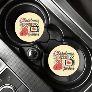 Christmas car coasters set, retro aesthetic round absorbent cup holder mats for holiday.