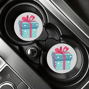 Cute cartoon gift box car coasters, non-slip rubber cup holder mats, auto interior accessories.