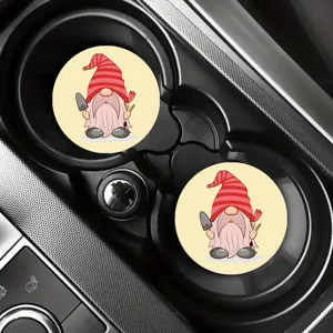 Cute gnome car cup holder coasters set, silicone anti-slip absorbent mat details.