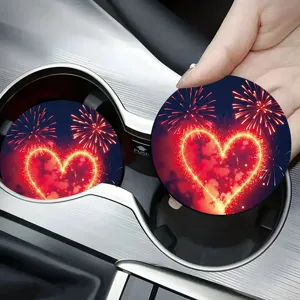 Set sottobicchieri auto con design cuore di fuochi d'artificio, tappetino assorbente per portabibite.