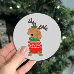 Cute Christmas dachshund dog round car coaster anti-slip rubber cup mat for table drink desktop.