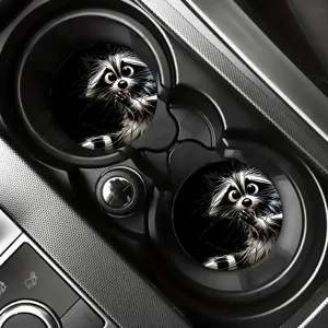 Cute cartoon raccoon car cup coasters set, non-slip silicone drink coasters for auto interior.