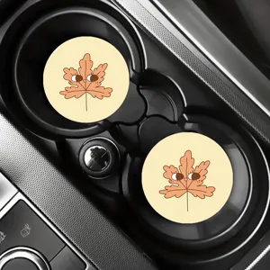 Detail view of cute maple leaf car coaster set, anti-slip cup holder insert pad interior.