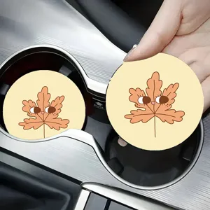 Car cup coaster detail showing cute cartoon maple leaf design, anti-slip and heat resistant.