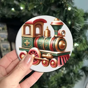 Train de Noël rond sous-verre décoratif ou ornement au design vintage pour fête.