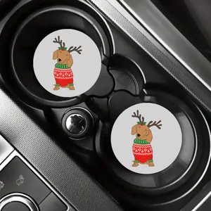 Cute cartoon dachshund Christmas car cup coasters, non-slip rubber auto drink holder mats.
