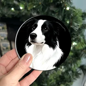 Cute round non-slip drink coaster with border collie dog design for home coffee cups.