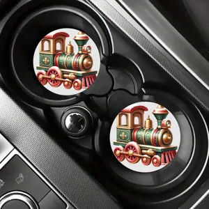 Lot de sous-verres de voiture de Noël, impression train vintage tapis rond absorbant pour décor auto.